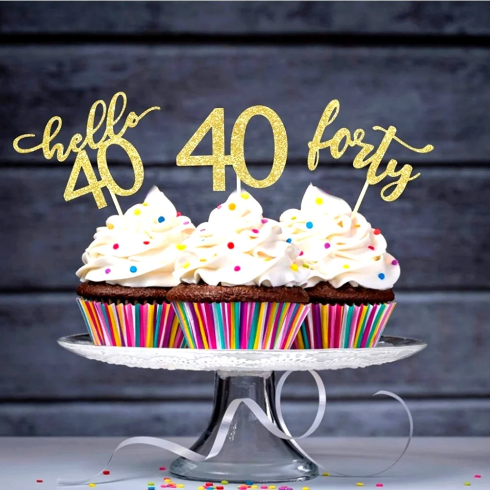 24Pcs Gold Glittery Forty Hello 40 Cupcake Toppers- 40th Birthday Party …